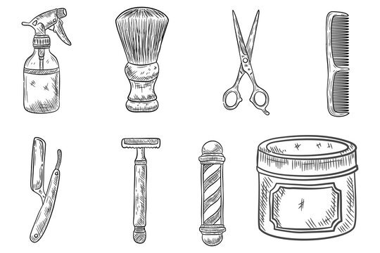 Vintage Barber Shop Hand Drawn Tool Set with Shaving Brush Razor Scissors Comb Hair Clipper and Grooming Accessories Engraving Vector Collection
