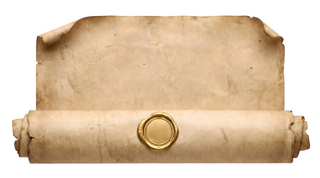 Vintage parchment paper scroll with gold wax seal, antique weathered manuscript background, rustic aged document for invitations and certificates