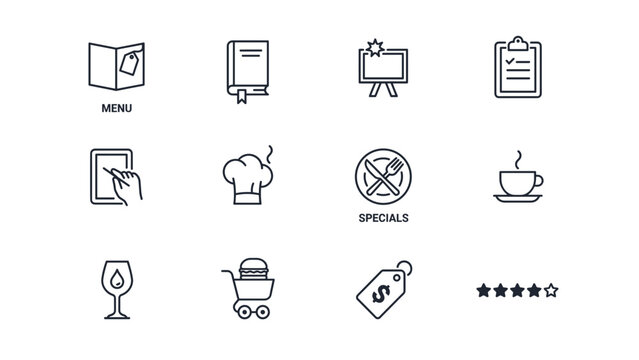 Dining menu book outline icons &ndash; Suitable for digital ordering systems, chef specials, or catering blogs.