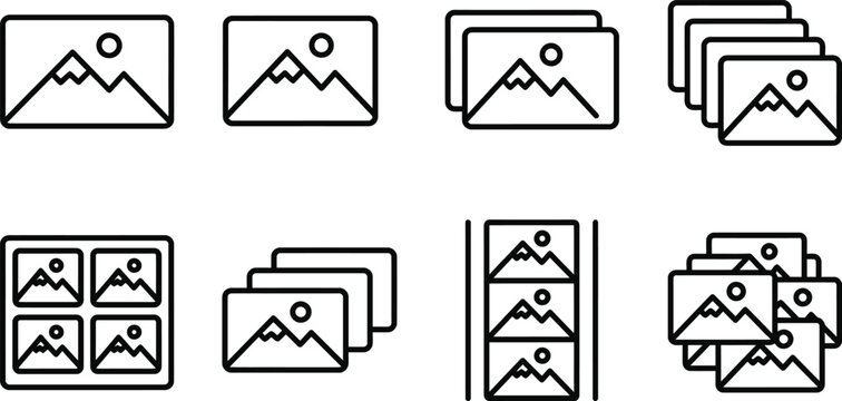 Collection of black outline image gallery and photo album icons with photography landscape collection multiple thumbnail slideshow creative interface software composition