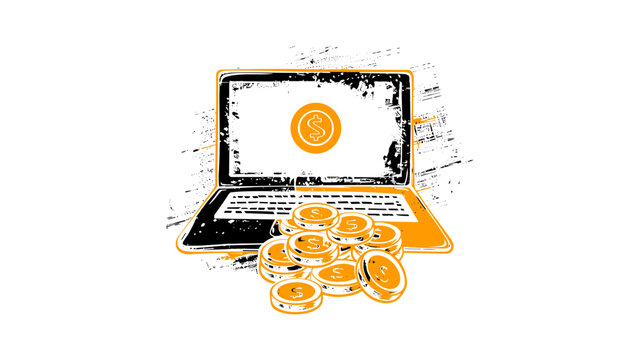 Laptop with Gold Coins for Online Income and Digital Business Vector Illustration Isolated on Transparent Background