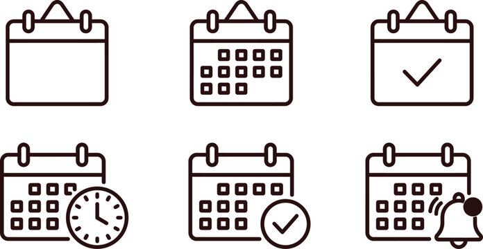 Set of black outline calendar and schedule planner icons with calendar schedule notification appointment management business organizer collection interface planning
