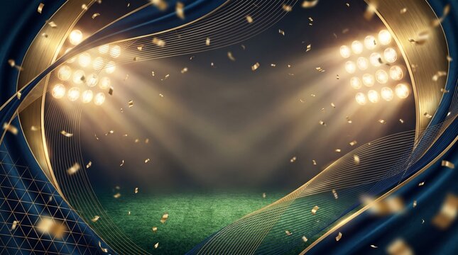 Luxurious abstract football championship background with glowing golden stadium lights and floating confetti. Elegant premium sports design with green pitch texture and empty center copy space for tex