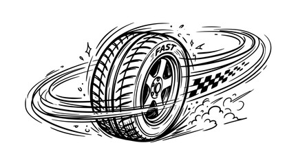 Speeding Tire with Motion Lines and Checkered Flag © tulang