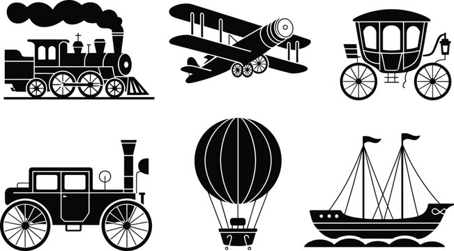 Set of vintage transportation icons in black and white