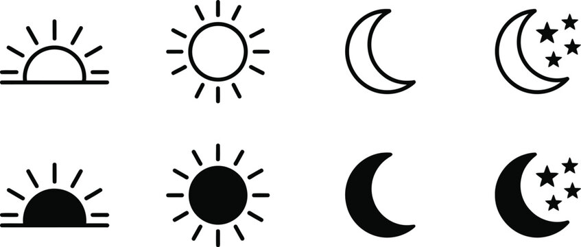 Sun and moon weather day and night icon set with forecast crescent nighttime environment collection sunlight astronomy celestial brightness interface meteorology
