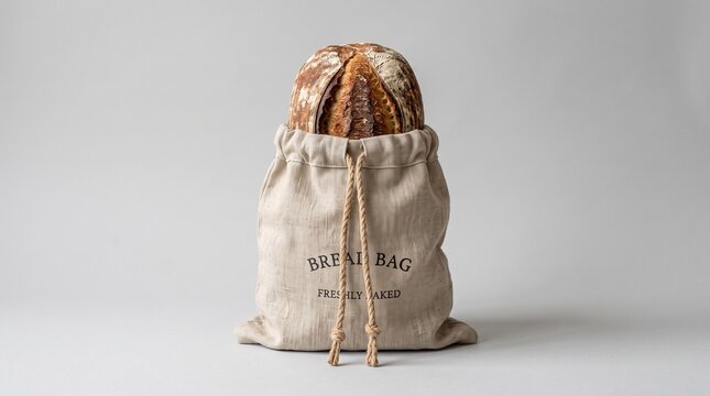 Realistic image of a small fabric bread bag with drawstring closure on isolated background