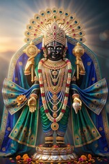 Obraz premium Dwarkadhish Krishna Idol – Emerald Royal Blue Divine Temple