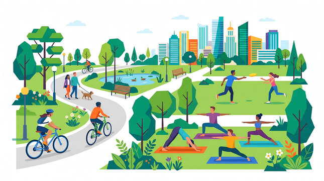 People doing various sports activities in modern city park vector illustration