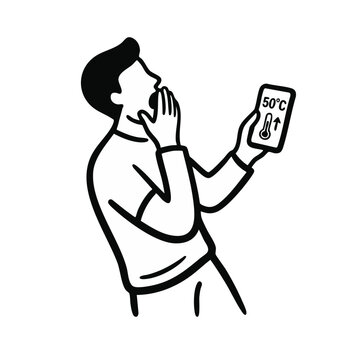 Man reacting to extreme temperature alert on phone. Record breaking hot weather concept. Line art vector illustration