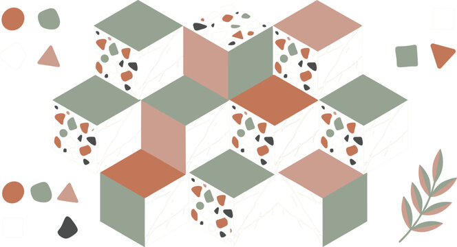 Abstract isometric geometric cubes pattern with terrazzo textures and botanical branch elementsAbstract isometric geometric cubes pattern with terrazzo textures and botanical branch elements