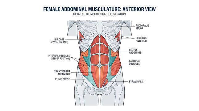 Female Abdominal Musculature: Anterior View - Detailed Biomechanical Illustration