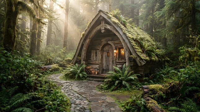Unique Rustic Arch Shaped Log Cabin with Winding Cobblestone Path in Forest