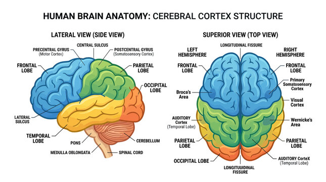 Human Brain Anatomy: Cerebral Cortex Structure, Lateral and Superior Views