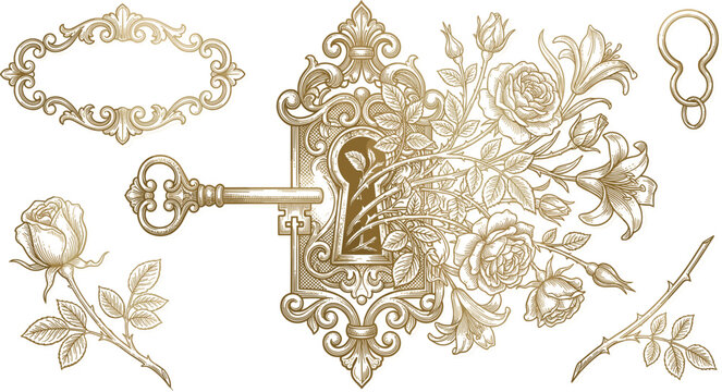 Vintage baroque golden keyhole plate with blooming rose flowers ornate frame and key vector elementsVintage baroque golden keyhole plate with blooming rose flowers ornate frame and key vector elements