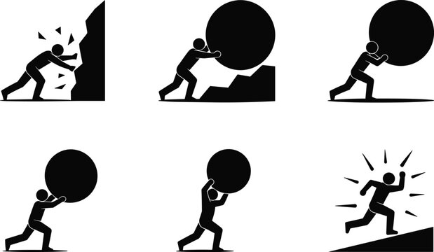 People pushing heavy rocks and boulders in simple icons