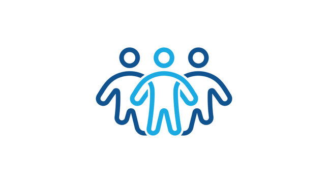 Minimalist vector icon showing three abstract human figures in shades of blue with clean lines