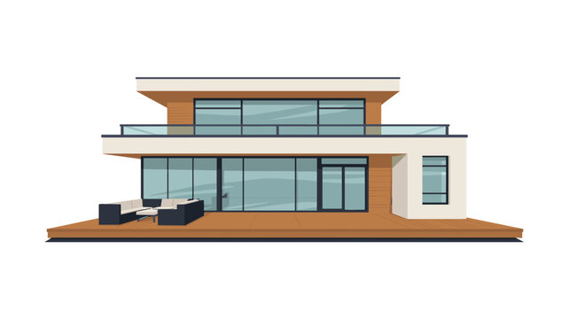 Modern architectural house design with a spacious wooden deck featuring outdoor lounge furniture and a large glass facade wall.