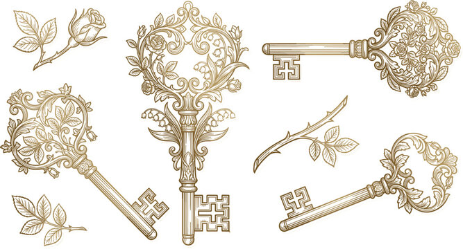 Vintage ornate golden baroque keys set with blooming rose flower buds and botanical vine elementsVintage ornate golden baroque keys set with blooming rose flower buds and botanical vine elements