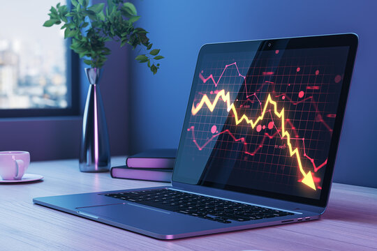 Stock market crash chart with glowing downward arrow on laptop screen in modern office interior with dramatic lighting. 3D Rendering