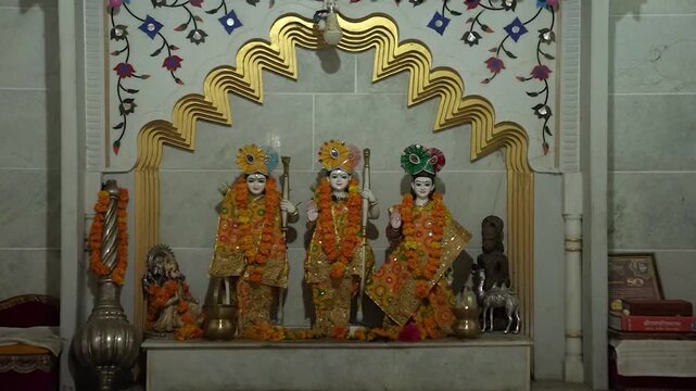 Ram Darbar idols inside Hindu temple featuring Lord Rama, Sita, Lakshmana and Hanuman.