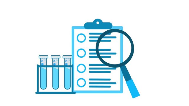 Medical checklist clipboard accompanied by laboratory test tubes and a magnifying glass animation.