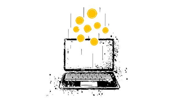 Laptop with Falling Gold Coins for Online Income Vector Icon Isolated on Transparent Background