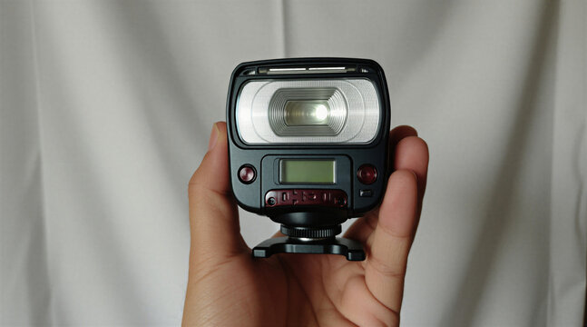 Hand holds compact camera flash unit. Dark grey and black device with LCD screen and buttons. External speedlight equipment for photography. Portable lighting gear.