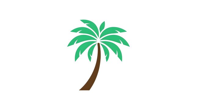 Flat vector illustration of a single tropical palm tree featuring vibrant green fronds and a sleek, curved brown trunk. A clean, minimalist icon design isolated on a solid white background. Perfect fo