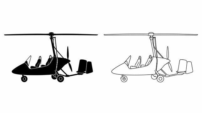Autogyro aircraft silhouette and outline icons, side view design