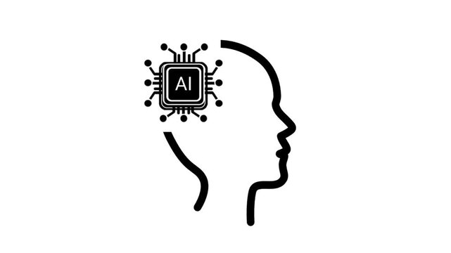 Human head profile silhouette with an artificial intelligence AI microchip inside the brain on an isolated white background.