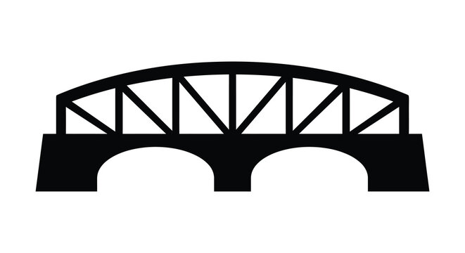 Arched bridge silhouette with geometric truss structure black on white background silhouette
