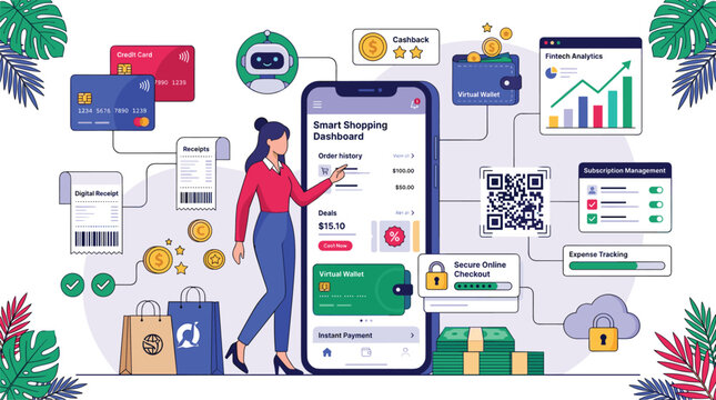 Modern vector illustration of a smart shopping dashboard interface, featuring online payments, digital wallets, transaction tracking, cashback rewards, and secure checkout processes.