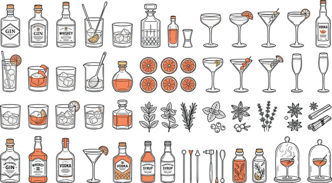Set of alcoholic beverages, cocktail glasses, bar tools, and botanical garnishes, minimalist flat vector illustration isolated on a clean white background design.