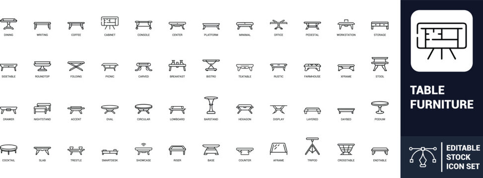 Table furniture line art icons set dining table, coffee table, writing desk, office table, workstation, folding table, picnic table, bistro table, Web icon, App icon, Outline icon, Editable stroke, li