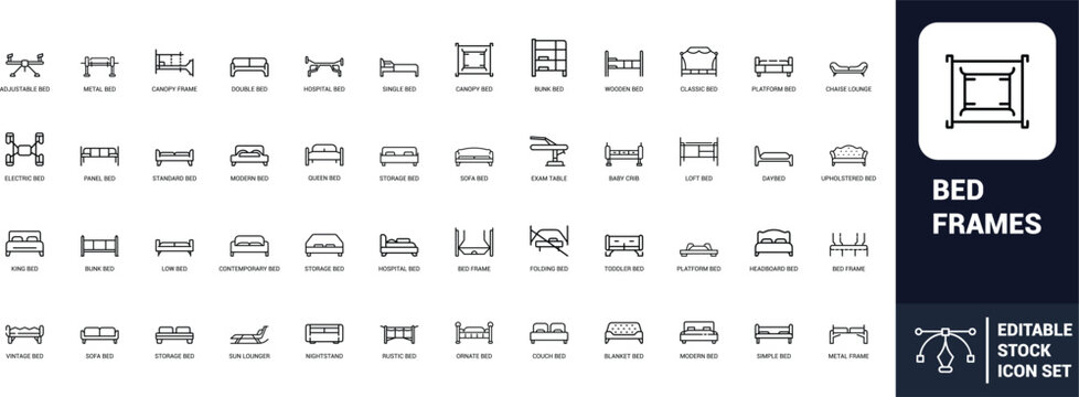 Bed frames line art icons set adjustable bed, metal bed, canopy bed, bunk bed, hospital bed, queen bed, king bed, sofa bed, Web icon, App icon, Outline icon, Editable stroke, line art, Vector EPS