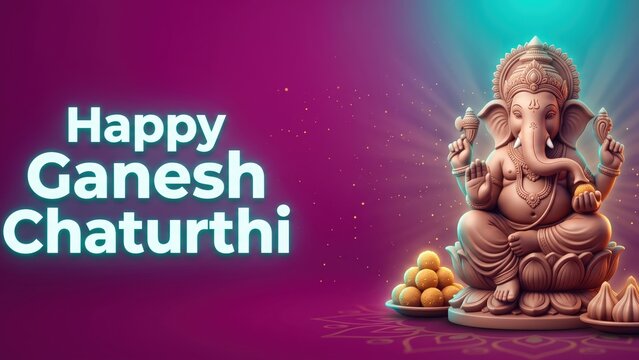 Happy Ganesh Chaturthi Neon Banner &ndash; Magenta Violet Luxury Background with Glowing Ganesha Idol