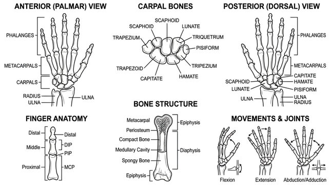 Human Hand Anatomy and Bone Structure Diagram