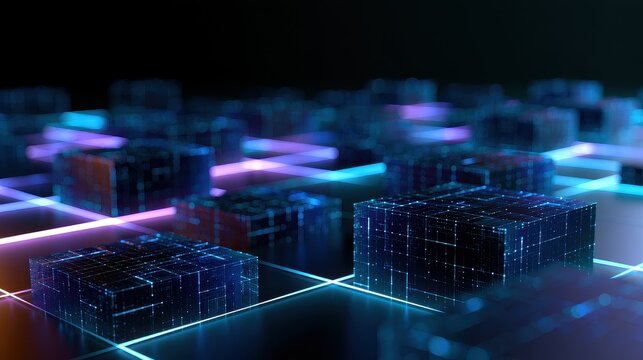Blockchain infrastructure decentralized finance tokenized assets smart contracts financial inclusion copy space technology disruption theme futuristic Multilayer neon blockchain grid backdrop. 