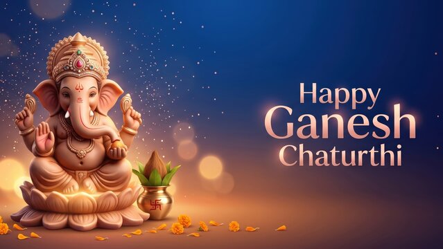 Happy Ganesh Chaturthi Banner &ndash; Royal Sapphire Blue Background with Rose Gold Typography and Clay Ganesha Idol