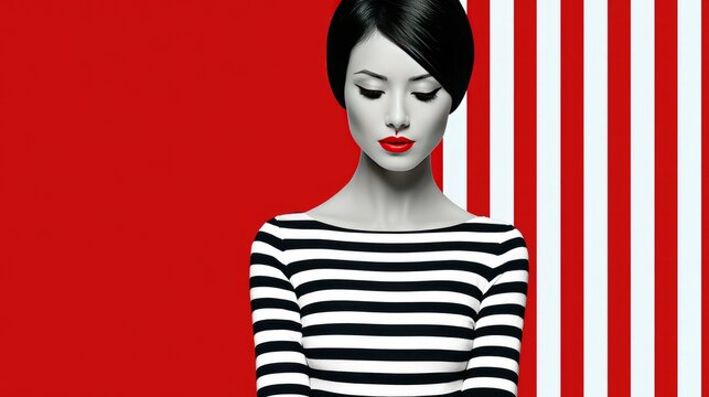 Modern Fashion Portrait: Striped Style with Red Accents and Bold Makeup