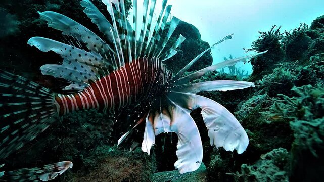 Rear view of a lionfish, Pterois volitans, revealing the gentle oscillation of its transparent pectoral fins.