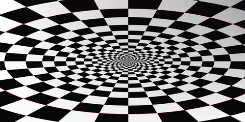 Obraz premium Abstract Black and White Optical Illusion Spiral | Geometric Checkerboard Warp Background