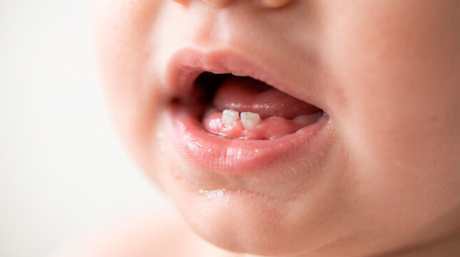 Close-up of a baby's mouth showing two tiny front teeth emerging from the gums
