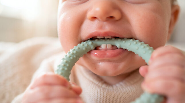 Baby's first teeth emerge as they chew on a soothing teething ring toy