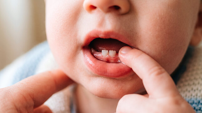 Close-up of a baby's mouth showing two newly erupted front teeth and gums