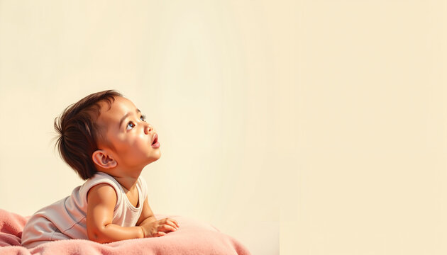 Baby lying on blanket looking upwards with curiosity. Concept of childhood wonder, innocence, or exploration. Useful for parenting articles or educational materials on early development.