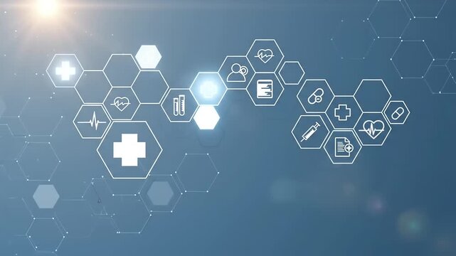 Medical icons on hexagons background.