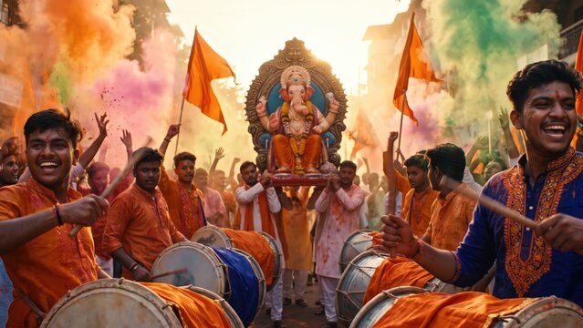 Ganesh Chaturthi Street Procession &ndash; Devotees with Dhol Tasha