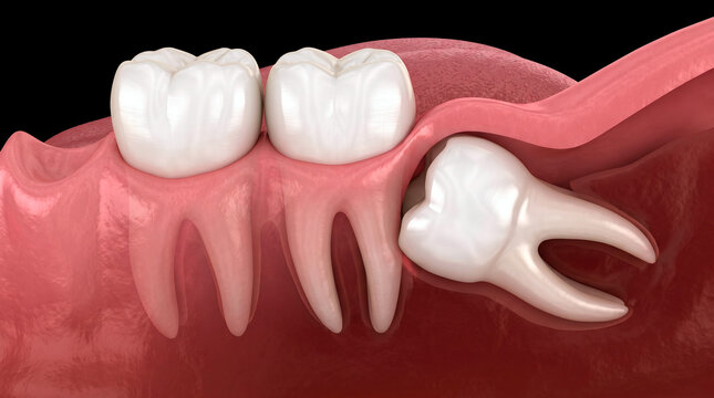 Impacted wisdom tooth pushing against adjacent molar in the jawbone